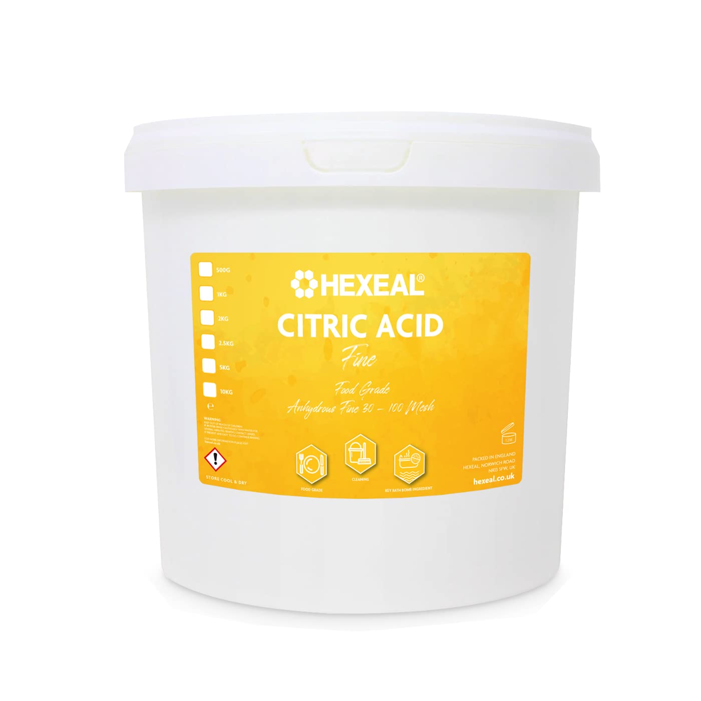 Hexeal Dark Citric Acid 2.5Kg – 2.5Kg Bucket Of Food Grade Anhydrous Fine Citric Acid For Bath Bombs, Cleaning, Descaling, Removing Rust & Preserving