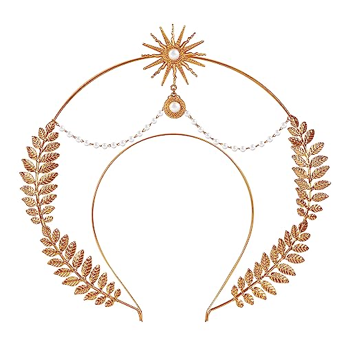 LVOW Halo Crown Headpiece Goddess Headband Boho Bridal Wedding Headdress Angel Tiaras and Crowns for Women(S4-Gold)