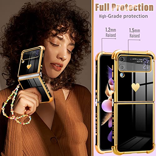 Likiyami For Samsung Galaxy Z Flip 3 Phone Case Heart For Women Girls Girly Cute Pretty Cases Luxury Black And Gold Plating Love Hearts Design Aesthetic Trendy Cover+Chain For Galaxy Z Flip 3 5G 6.7" #TOP3
