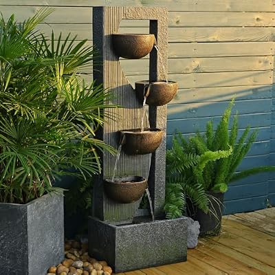 Sunlinua Large Water Fountain Waterfalls Fountain 5-Tier Outdoor Floor Standing Water Fountains with Pebbles, LED Lights and Pump for Garden, Living Room, Patio, 49.2 Inches Tall