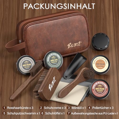 BALORIZ Leder-Schuhputzset für Herren – 13-teiliges Schuhputzset mit Schuhcreme, Minnnk-Öl, Rosshaarbürsten-Set für Lederstiefel, Schuhpflegeset, Weihnachts- und Geburtstagsgeschenke