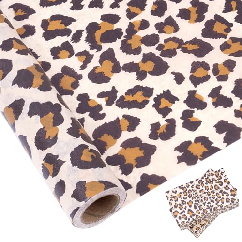 Larcenciel Papier de Soie Rouleau à Motif Léopard 10m x 43cm, Papier Cadeau Marron Vintage, Papier Soie Emballage Animale Imprimée, Papier Bouquet de Fleur...