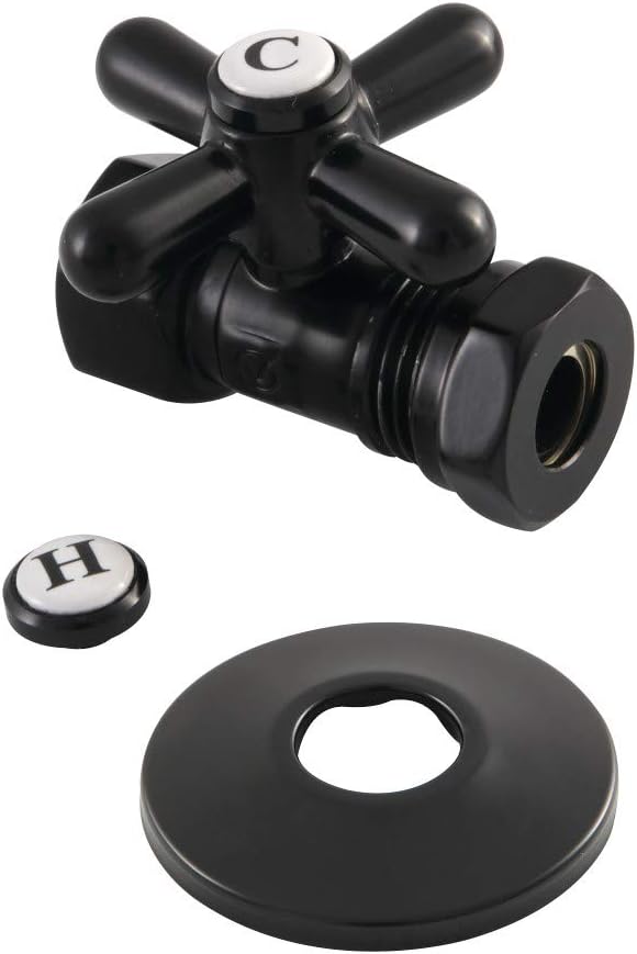 Kingston Brass CC44150XK 1/2" FIP x 1/2" or 7/16" Slip Joint Quarter-Turn Straight Stop Valve with Flange, Matte Black