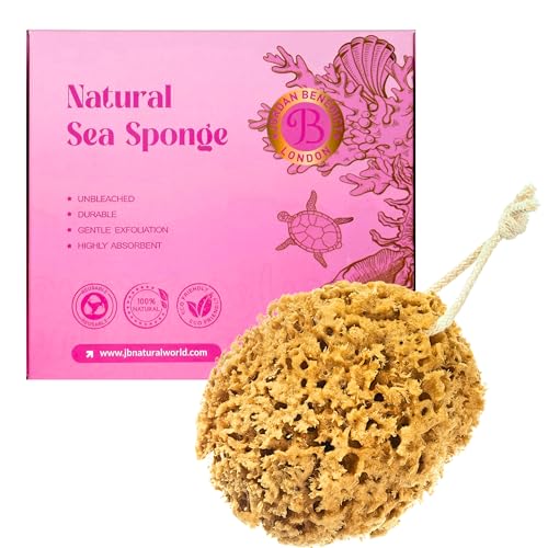Jordan Benedict Esponja de mar natural, esponja de ducha de panal sin blanquear, esponja corporal en una cuerda, esponja de baño exfoliante, esponjas de baño orgánicas para adultos (S paquete de 1)
