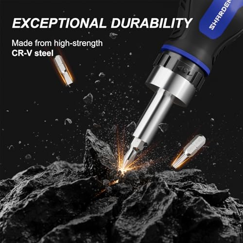 Image of SHARDEN 8 in 1 Stubby Ratcheting Screwdriver Multi Short Screw Driver Set with 6 CRV Bits Phillips, Slotted, Torx, Portable All-in-One Repair Tool Kit for Home DIY Tables, Doors, Chairs