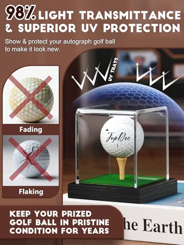 Image of JupDec Golf Ball Display Case Clear Acrylic Memorabilia Stand Cube Holder with Wood Base & Tee, Dust Protection Transparent Storage Box for Single Ball Souvenir Golfball Collections, Black, 1 Pack