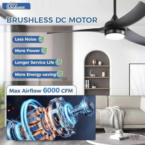 Image of Sofucor 52 Inch Smart Modern Ceiling Fan with Light, Black 3 ABS Blades | Alexa /Google Assistant /APP /Remote Control, Reversible DC Motor, Timer, 6 Speeds, 3-CCT for Living Room Bedroom Patio