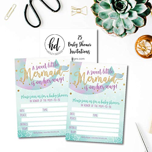 25 Mermaid Baby Shower Invitations, Sprinkle Invite For Girl, Under The Sea Nautical On Her Way, Cute Gold Printed Fill Or Write In Blank Printable Card, Unique Modern Coed Twin Party Paper Supplies #TOP2