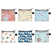 Syrvnto 6 Pezzi Portamonete a Tema Oceano, Mini Donna Portafoglio Portamonete Compatto Coin Purse Wallet con Cerniera per Monete Tessere Chiavi Cancelleria Auricolare Rossetto