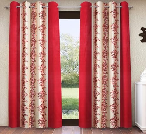 Image of Home Sizzler 2 Pieces Bloom Line Grommet Eyelet Polyester Window Curtains - 5 Feet, Crimson Red