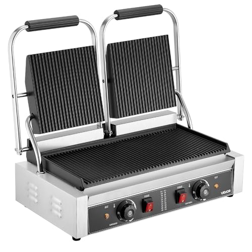 VEVOR Commercial Panini Grill, 3600W Electric Sandwich Panini Maker, Stainless Steel Double Sandwichs Press with Handle and Temp Control, 19x9 in Full Grooved Enamel Plate, for Hamburger Steak Bacon by VEVOR - Image 3