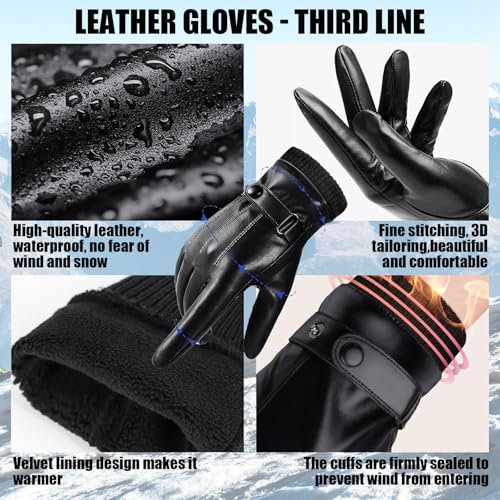 BDSHUNBF Herren Lederhandschuhe, Hochwertige Handschuhe aus PU-Leder für Winter, Gefüttert, Schwarz, L