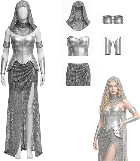 Women Medieval Knight Costume Faux Chainmail Warrior Outfit Female Renaissance Warrior Cosplay Armor Set Hood Corset Skirt Arm Guards