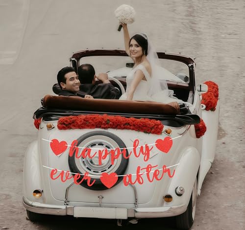 Image of Pre-Strung Happily Ever After Banner - Red Glitter Bachelorette Bridal Engagement Party Decoration Supplies, Bachelorette Wedding Party Banner for Bridal Shower or Engagement Party Photo Booth Props