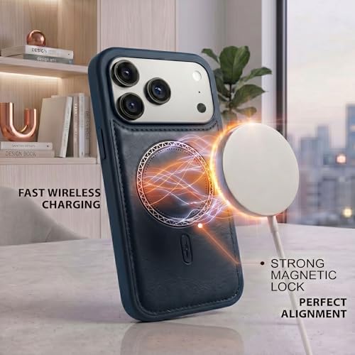Image of amazon basics Premium PU Leather Case for iPhone 17 Pro Max, MagSafe Compatible Magnetic Ring, Sleek Protective Back Cover - [Blue]