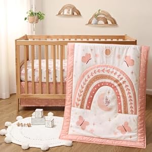 The Peanutshell Crib Bedding Set for Girls, Boho Rainbow Nursery Decor, Butterfly Floral Baby Bedding, Pink Crib Comforter, Fitted Crib Sheet, Crib Skirt
