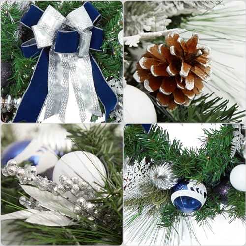 24 Inch Christmas Wreaths for Front Door, Prelit Silver Blue Christmas Wreath with 20 LED Lights Pine Cones Ball Ornaments Snowflakes for Fireplace Mantle Indoor Outdoor Xmas Decor