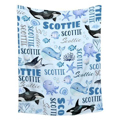 Image of Sandilya Personalized Baby Blanket for Girls Boys Oceans Custom Baby Blanket with Name Swaddle Blanket for Toddlers Infants Kids Shower Newborns Nursery Stroller Crib Decor Throw Birthday Gift