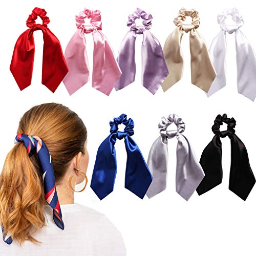 8Pcs Hair Scrunchies Satin Silk Hair Scarf Band Ponytail Holder Elastics Scrunchy Ties Solid Soft Ropes for Women Girls Hair Acessories
