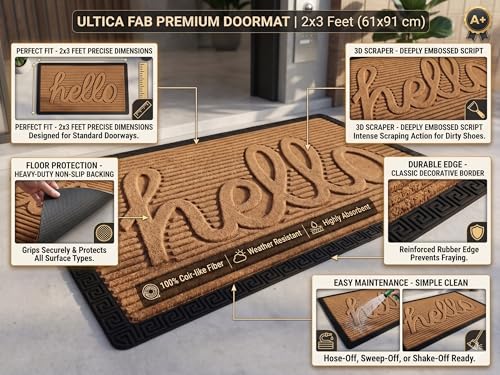 Image of Heavy Duty Front Door Mat 2x3 Feet, Outdoor Indoor Welcome Mat, Non Slip Dirt Trapper Entrance Rug for Entryway, Patio & Porch,Washable Low Profile Hello Mat (Coffee Hello 2 x 3 Feet)