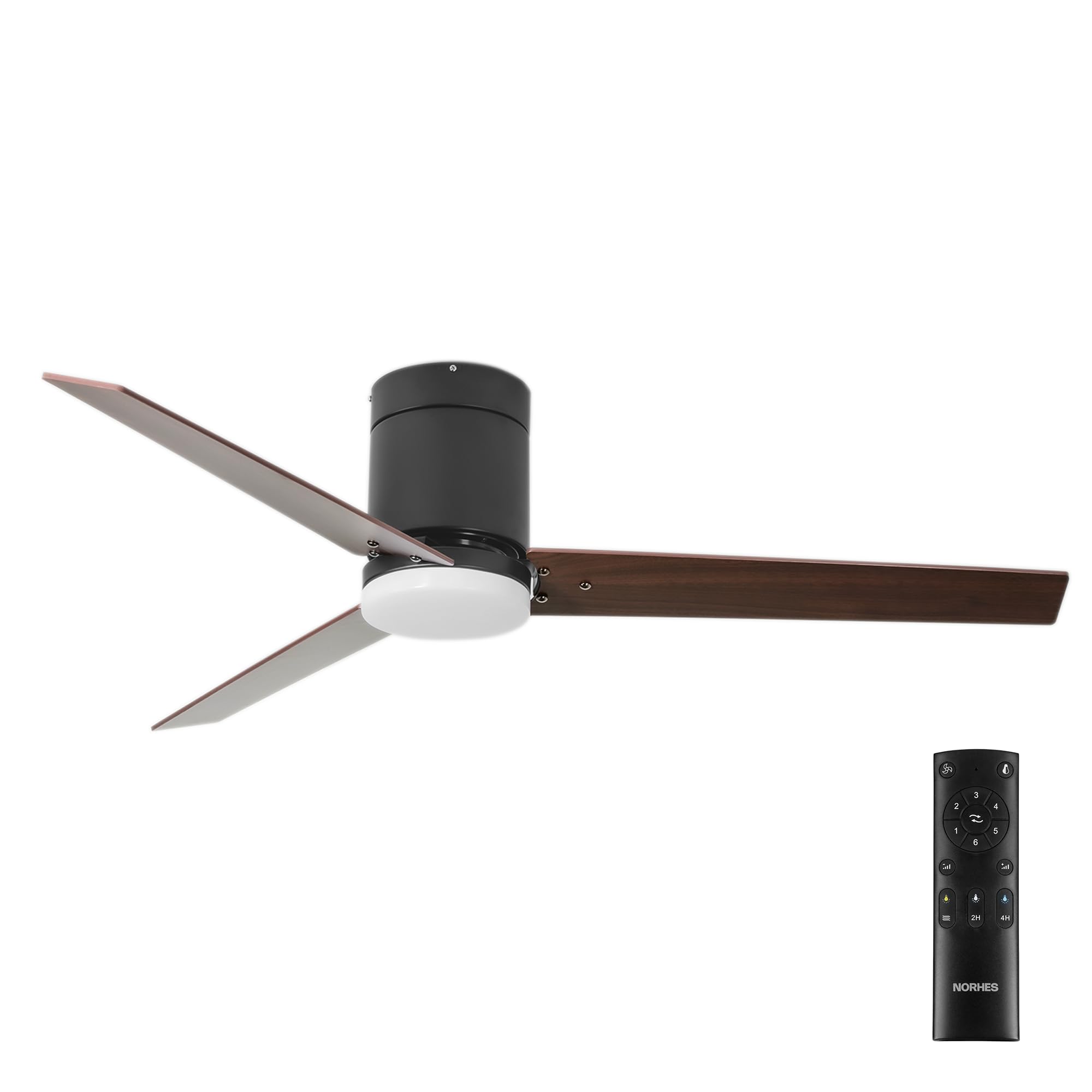 NORHES Boume Ventilador Techo Negro/Madera Oscura. 3 Aspas Ø132cm. Luz Led 20W Neutra/Cálida/Extra Cálida. Motor DC. Verano/Invierno. 6 Velocidades. Control Remoto Temporizador. Silencioso. Brisa