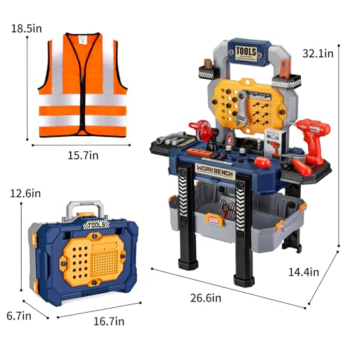 Image of Jovow Kids Tool Bench with Realistic Tools and Electric Drill, Suitable for 3-5 Year Olds to Build Their Own Toy Workbench, 79 Pcs Realistic Toy Tools with Clothes, 32 x 26.6 x 14.4 in-Blue