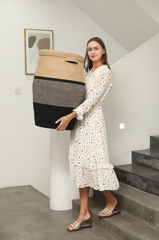 Image of Storage Cotton Rope Basket and Laundry Hamper for Dirty Clothes, Towels, Blankets, Pillows Storage in Living Room, Laundry Room and Bedroom (Beige Black With Lid, 14x16 Inch)