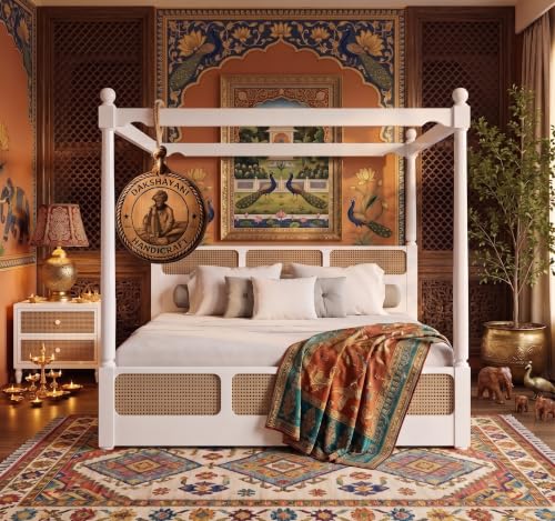 Image of Sheesham Solid Wood Allure Poster Bed for Bedroom | Handmade Wooden Cot | Elegant Four Poster King Size Bed Frame (White, King, Allure with Storage(Cane))