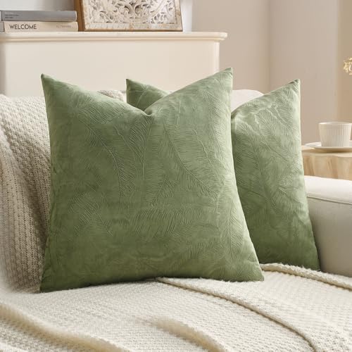 Image of FUTEI Pack of 2 Velvet Throw Pillow Covers 18x18 Inch Soft Embossed Leaf-Relief Textured Decorative Cushion Cases Modern Natural Farmhouse Accent for Couch Bed Living Room, Sage Green