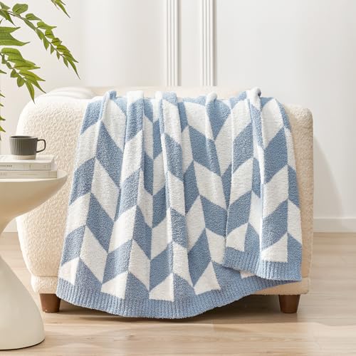 Image of Snuggle Sac Chevron Throw Blanket for Couch, Reversible Super Soft Warm Blankets Cozy Knit Fuzzy Plush Lightweight Throws for Sofa, Bed, Camping, Blue, 50x60 inches