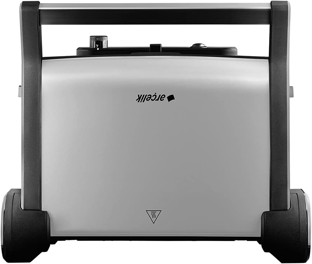 Rear view of the Arçelik TM 6006 G toaster grill, showing the hinge mechanism and the Arçelik logo.