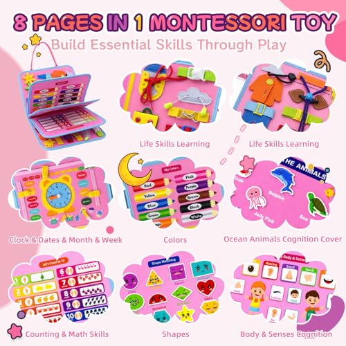 Image of Montessori Busy Board for Toddlers, 8 Pages 30+ Activities Sensory Toy, Toddler Learning Toys, Fine Motor Skills Travel Toy, Preschool Educational Quiet Book Gift for Boys Girls, Pink Mermaid