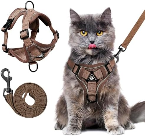 Arnes para Gatos Antiescape con Correa, Arnés Gato Pequeño Ajustable Suave, Cat Harness para Gatos de Malla Transpirable con Rayas Reflectantes, para Gato, Perros Pequeños(Café,S)