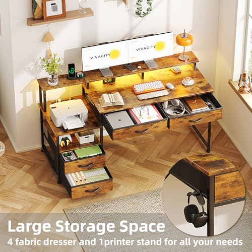 Image of 53 inch Computer Desk with 4 Drawers & Power Outlets, Reversible Home Office Desk with Monitor Stand & Printer Stand, Gaming Desks with Led Lights, Study Writing Work Desks Table for Bedroom, Vintage