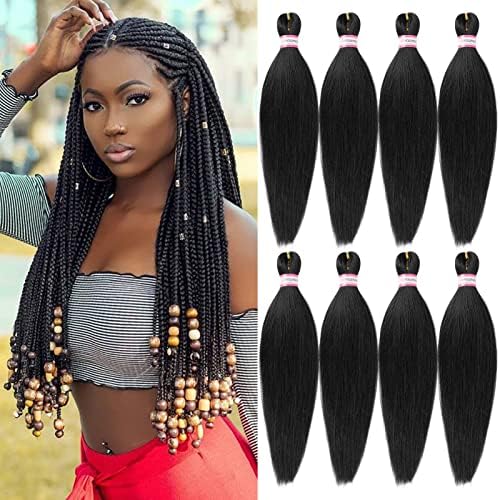 Pre Stretched Braiding Hair 8 Packs 18 Inch Professional Hair for Braiding Easy to Twist Crochet Braids Hot Water Setting Yaki Straight Synthetic Hair Extensions (#1B)