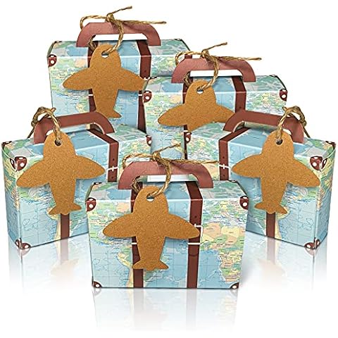 CHolic 50Pcs Party Favor Candy Box, World Map Mini Suitcase Favor Box, Vintage Kraft Paper with Tags and Burlap Twine for Travel Themed Party, Bridal Shower, Wedding Decorations Cover