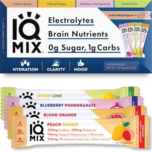 IQMIX Sugar Free Electrolytes Powder Packets - Hydration Supplement Drink Mix with Keto Electrolytes, Lions Mane, Magnesium L-Threonate, and Potassium Citrate - Variety Pack (20 Count)