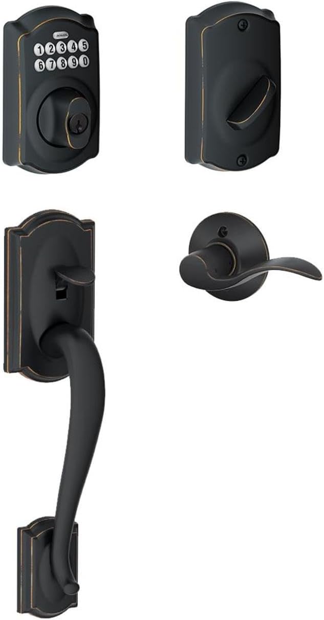 Schlage FE365-CAM-ACC-LH Left Handed Camelot Electronic Handleset with Accent Le, Aged Bronze