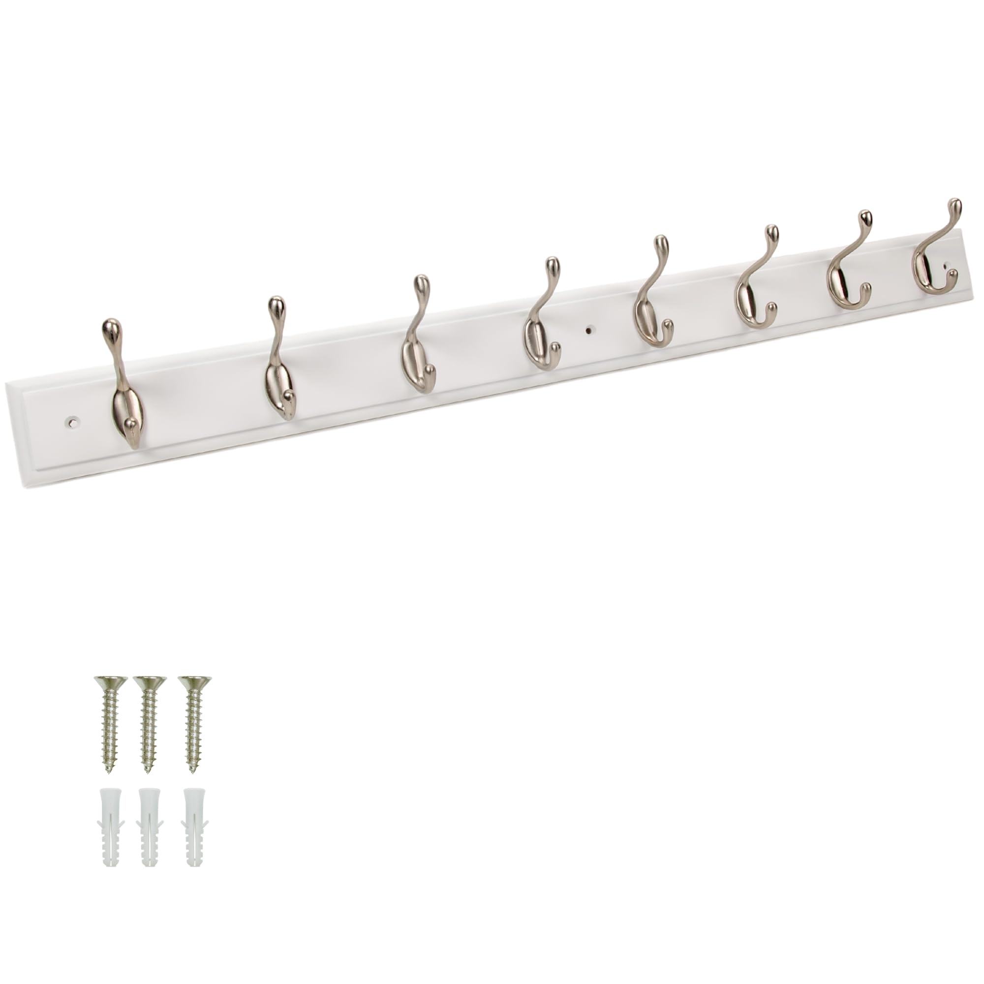 Keypak White Wooden Wall Mounted Coat Rack with 8 Satin Nickel Hooks - 84cm Heavy Duty Wooden Board for Coats, Hats, Bags, Tools - Space Saving Wall Storage Organiser, Fixings Included