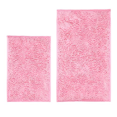 LanYunUmi Pink 2 Pieces Bathroom Rugs Ultra Soft Non Slip Absorbent Chenille Toilet Bath Mat Set Rugs for Slip-Resistant Shag Extra and Rug Shower Room Machine-Washable Fast (Pink 20x32+16x24)
