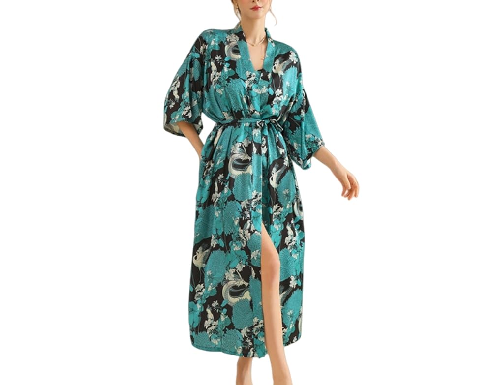 Genérico Batas de Satén de Lujo para Mujer,Albornoces Kimono de Seda con Estampado Floral Verde Azulado y Cuello en V,Cárdigan Largo Ligero y Suave para Dormir.