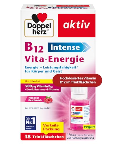 Doppelherz B12 Intense Vita-Energie – hochdosiert mit 500 µg Vitamin B12 pro Trinkfläschchen – 18 Ampullen – vegan