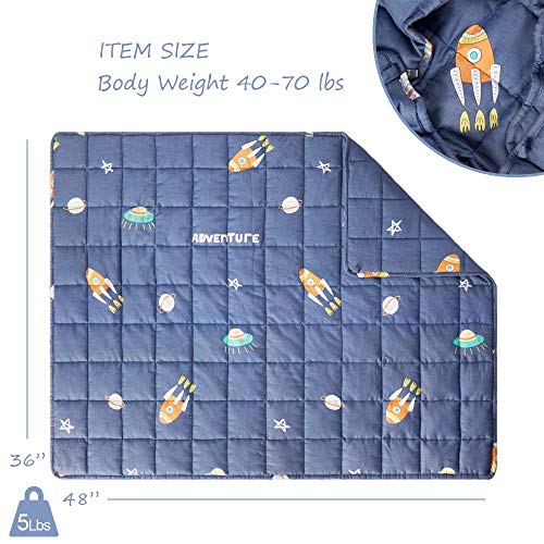 Rosmarus 5Lbs Weighted Blanket For Kids, 100% Cotton Toddler Heavy Throw Blanket With Glass Beads, 36 X 48 Inches Kids Weighted Comforter, Interstellar Blue #TOP5