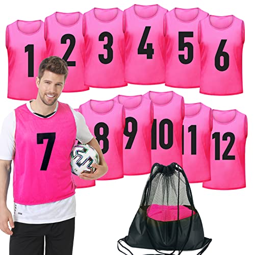 PULUOMASI Paquete de 12 chalecos de entrenamiento de Team Pinnies Scrimmage para hombres, centavos para deportes, camisetas de fútbol para adultos y jóvenes, Rosado