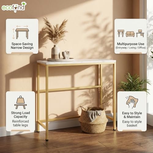 Image of ecofynd 27 Inch Console Table, Metal with Engineered Wooden top for Long Narrow Hallway, Entryway, Living Room, Dining Room, Office, Home Side Table Storage Shelf (WHTGO, CT004)