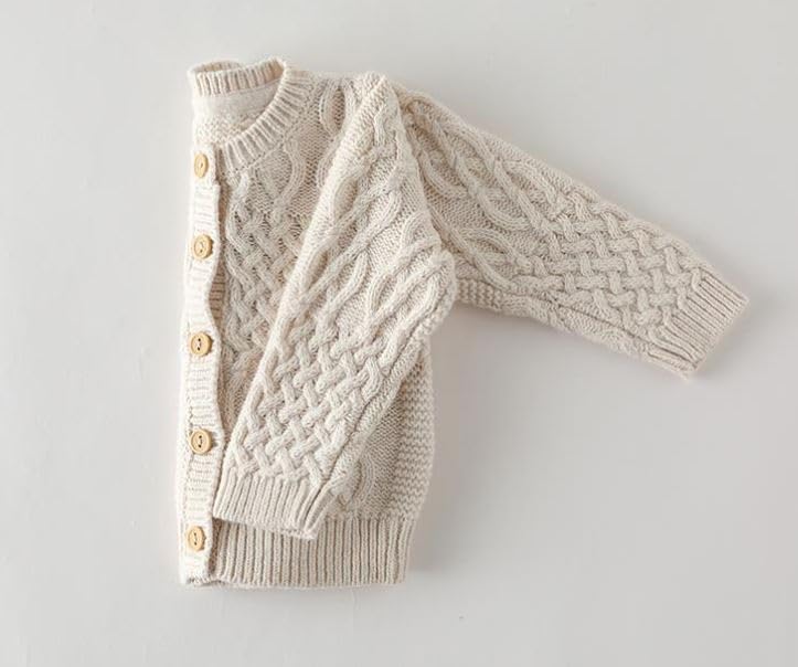 Newborn Baby Two Piece Set, Organic Cotton Cable Knit Cardigan and Knit Overall in Oatmeal Color