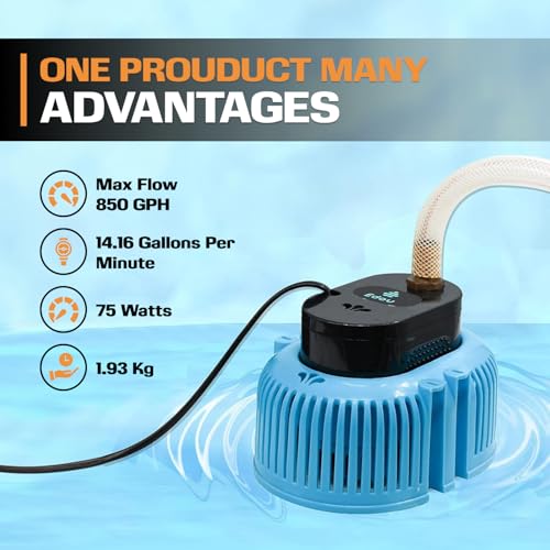 EDOU Direct Submersible Pool Cover Pump | Reliable 850 GPH Max Flow 75 W Includes 16' Kink-Proof Drainage Hose, 2 Adapters Ideal for draining from Above Ground and inground
