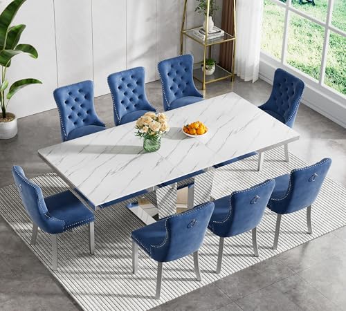 Image of 9-Piece Extendable Dining Table Set for 8, Modern 63 inch-94 inch White Faux Marble Expandable Kitchen Table Set with 8 Velvet Chairs, Large Extendable Dining Room Tables with Mirrored Columnar Base