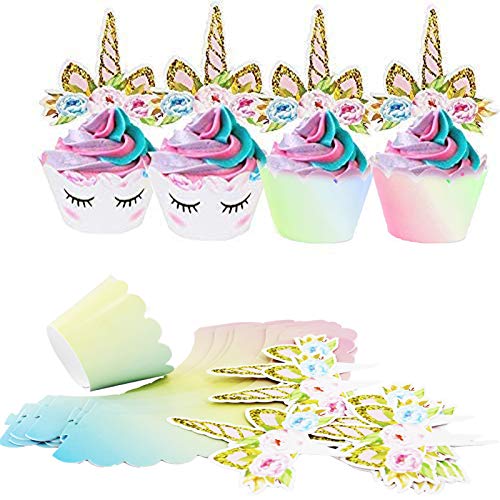 Unicorn Cupcake Toppers And Wrappers Decorations (40 Of Each) - Reversible Rainbow Cup Cake Liners With Unicorn Topper | Cute Decorating Supplies For Girl Birthday Party #TOP1
