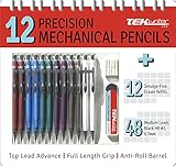 TEKWriter 12 Precision Mechanical Pencils and 48 Leads, Medium, Black, 12 Smudge Free Eraser Refills